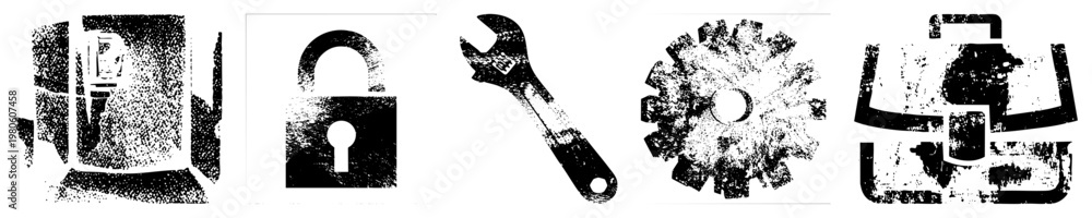 Fototapeta premium Vector with distressed texture padlock, wrench, cogwheel, briefcase. Industrial, tech, security, business themes. halftone effect.