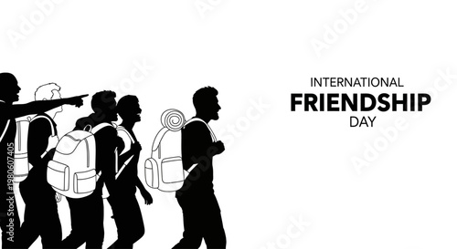 Silhouette of a group of friends with backpacks walking together.