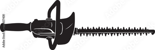 Black silhouette hedge trimmer with long serrated blade