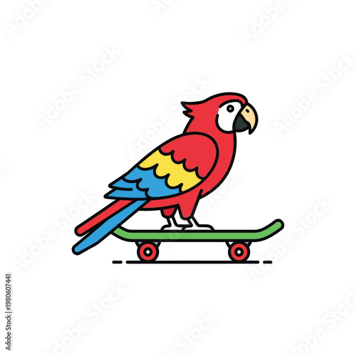 A colorful parrot perched on a green skateboard with red wheels, set against a plain white background.