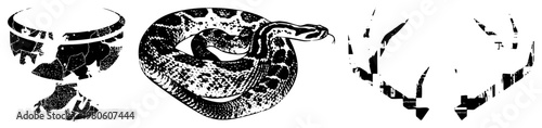 Detailed black and white vector illustration of a coiled snake with scale, alongside a fragmented vase and abstract silhouettes, rendered in high contrast graphic style.