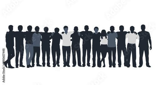 Group of diverse people standing in a row with arms around shoulders.