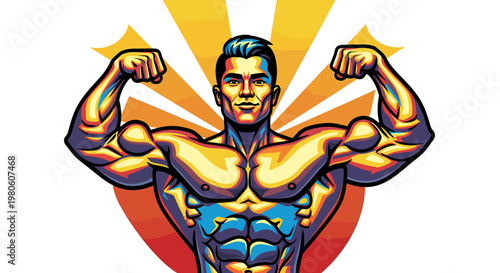 A muscular man flexing his biceps with a sunburst background, symbolizing strength and fitness.