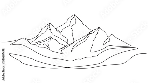 Continuous line drawing of a mountainous landscape. Minimalist horizon with mountain peaks in simple single line style. Winter sports adventure concept in doodle style