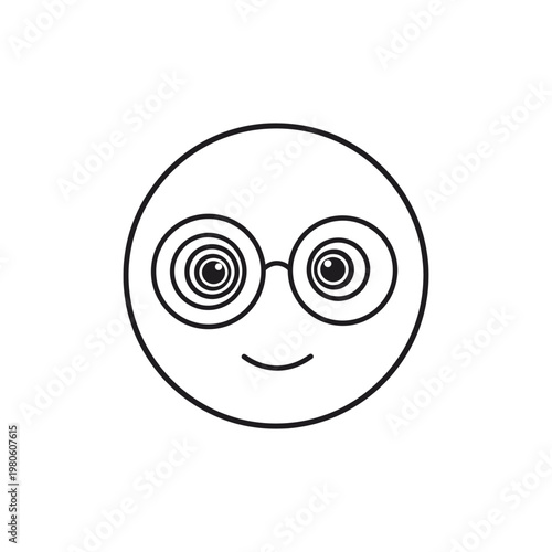 A simple cartoon face with glasses and a smile on a white background