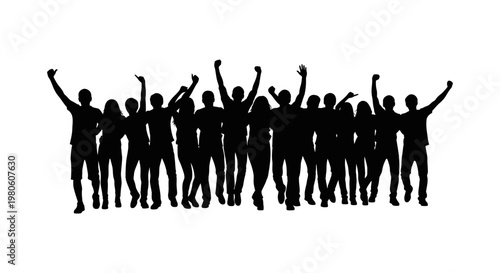 Black silhouette of a large cheering crowd with raised arms.