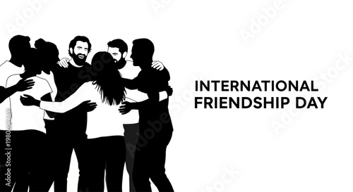 Silhouette illustration of a diverse group of friends hugging together for International Friendship Day.