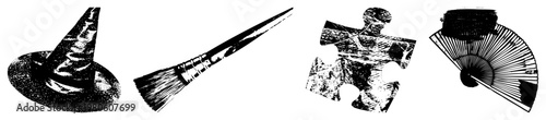symbols of creativity, magic, problem solving, tradition. Witch hat, paintbrush, puzzle, fan black halftone vector art for design or illustration.