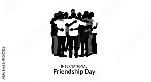 Group of diverse friends standing in a circle hugging together for International Friendship Day celebration.