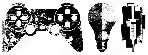 Retro gaming controller, incandescent bulb, medical syringe, gritty halftone texture, digital vector art, isolated, stylized tech tools, graphic design elements.