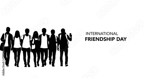 Silhouette of a diverse group of young friends walking together on International Friendship Day.