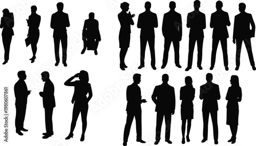 Set of professional black business silhouettes showing men and women standing talking and interacting isolated on a white background for modern corporate design elements