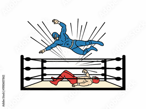 Masked Luchador Jumping Towards Opponent in Wrestling Ring