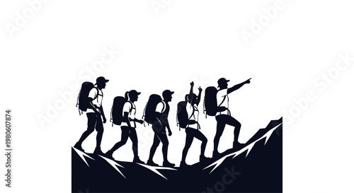 Silhouette illustration of a group of hikers trekking up a mountain.
