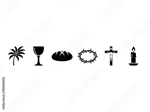 Christian Holy Week Symbols Set with Cross Palm and Thorns