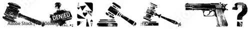Court gavel, denied stamp, playing card fragments, question mark, gun silhouette legal and symbolic with gritty texture, representing verdicts, uncertainty, and.