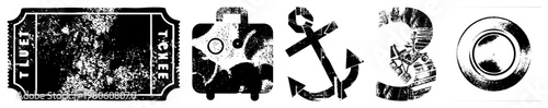 Grungy ticket, suitcase, anchor, number three, and wheel graphic set, distressed black and white vector for travel themes, retro design, tourism, vintage aesthetic.