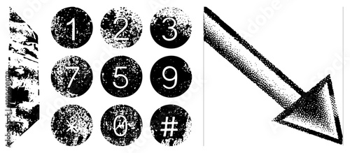 Retro telephone keypad with numbers and symbols, halftone texture, directional arrow, classic communication device, analog phone interface, telecom graphic.