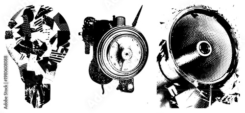 Retro analog devices broken into abstract geometric pieces, halftone shading, vector illustration, isolated technical artifacts, mechanical fragments.