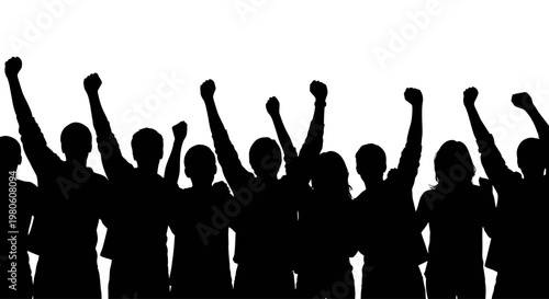 Tableau sur toile Silhouettes of a diverse crowd of people cheering with raised arms