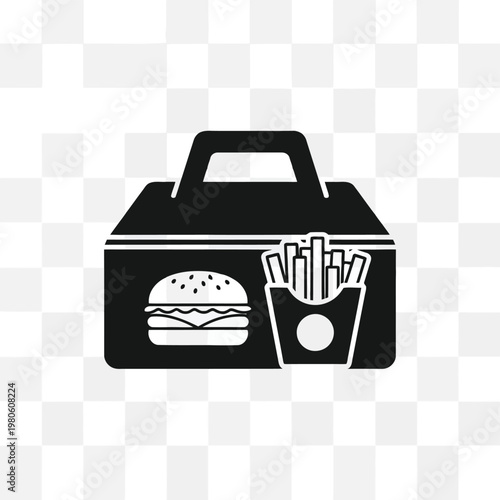 Quick Eats Icon: A minimalist icon of a takeaway meal, featuring a burger and fries, perfect for representing fast food concepts and delivery services.