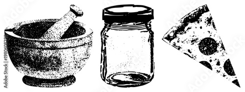 Mortar and pestle for grinding spices, glass jar with lid, pepperoni pizza slice, all rendered in halftone dots, kitchen essentials, food prep tools.