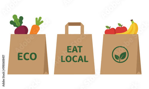 Eco friendly paper shopping bags with fresh local produce vector