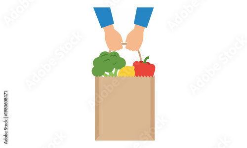 Hands carrying paper grocery bag with fresh vegetables