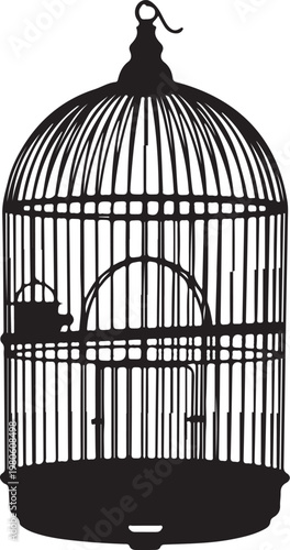 Black silhouette of a birdcage with a hook on and a small dish inside