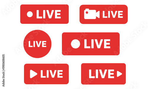 Red Live Streaming Icon Set for Online Broadcasting and Media