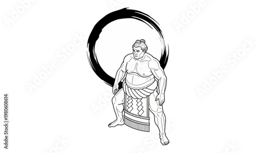 Sumo Wrestler Rikishi Standing with Enso Circle Ink Illustration