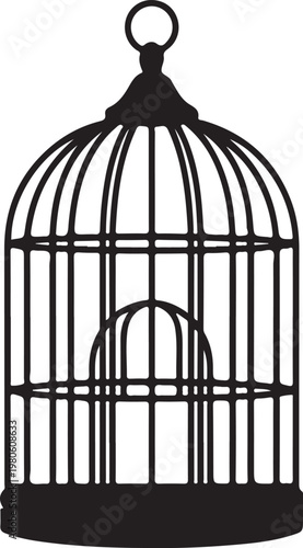 Black silhouette of a birdcage with a small door white background