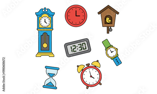 Clock and timepiece collection icon set illustration