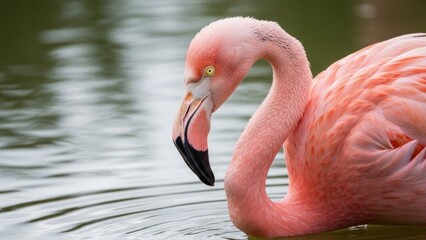A close-up photo of a pink flamingo bird with its head bent and beak in the water