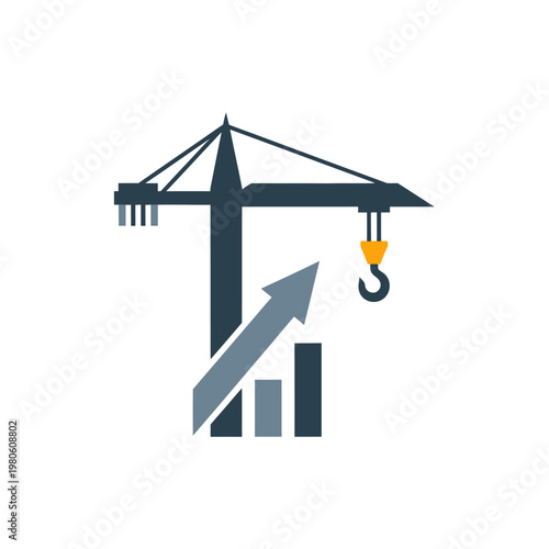Construction Industry Growth Concept Icon with Crane and Rising Bar Chart