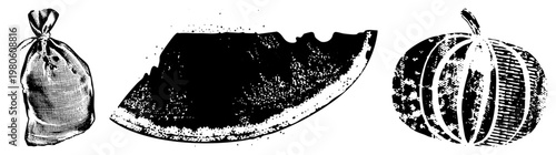Vintage halftone illustrations of sack, watermelon wedge, and pumpkin,, stylized food and produce, graphic design elements.