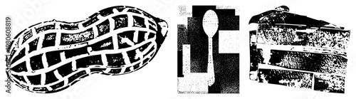 Vector illustrations of peanut with grid, spoon on halftone background, and layered cake slice with textured frosting all isolated, cutout, rgba.