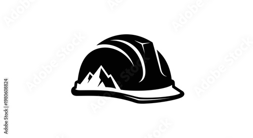 Construction Hard Hat with Mountain Silhouette Logo Icon