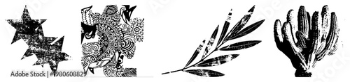 Distressed star shapes, intricate mandala, olive branch foliage, spiky cactus forms all in high contrast with gritty texture.