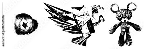 Three stylized graphic elements fruit like sphere, angular bird, teddy bear, rendered in halftone and vector style, isolated on transparent background.