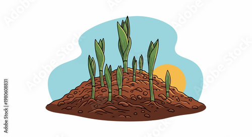 New green shoots emerge from fertile soil under a warm sun