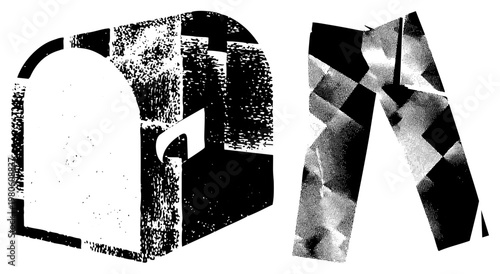 Two abstract compositions left with textured halftone blocks and curved negative space, right with angular fragmented planes. Vector art with bold contrasts and graphic fragmentation.