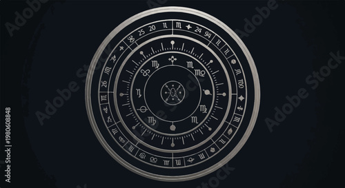 Intricate metallic celestial dial with astrological symbols on dark backdrop