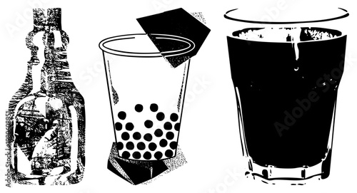 Bottle with textured design, bubble tea cup with tapioca pearls, dark soda glass with ice. Vector art of drinks, isolated on transparent background.