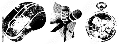 Grunge stylized vector of computer mouse, classic microphone, and pocket watch, rendered in halftone and distressed textures for retro tech aesthetic.