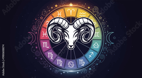 A stylized ram's head is centered within a vibrant, rainbow-hued zodiac wheel against a starry night sky