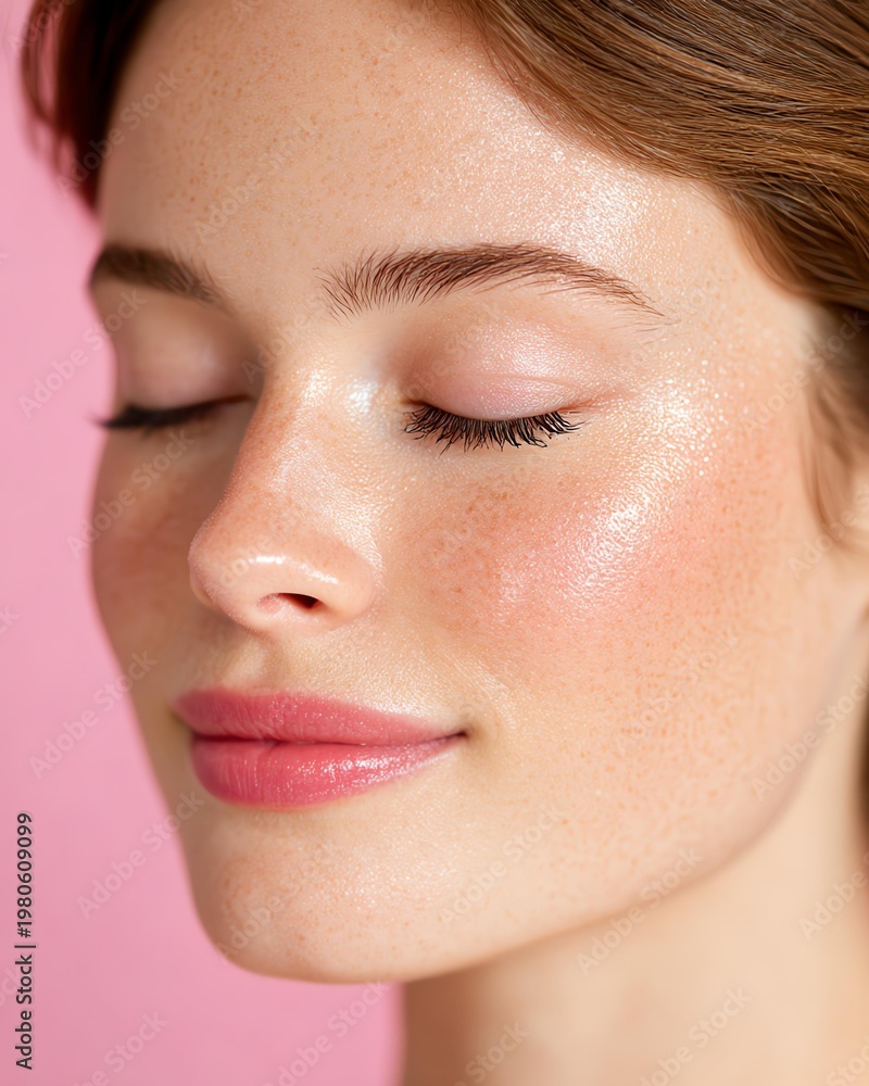 Fototapeta premium Close-up of a serene beauty portrait.real skin from minimal beauty routine Close-up of a woman's beautifully glowing skin
