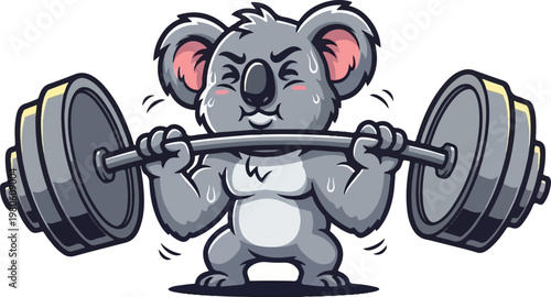 A cartoon koala character lifting a heavy barbell, appearing to strain with effort