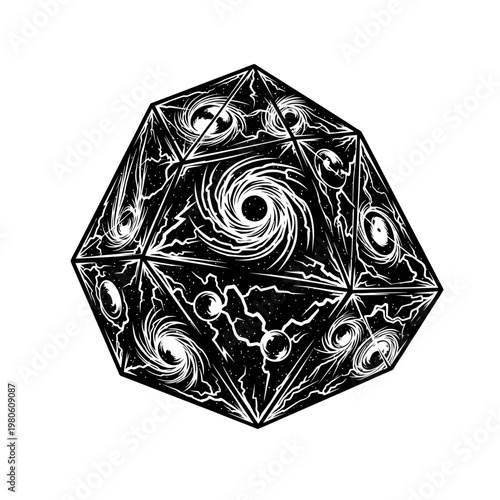 Cosmic D20 Dice with Galaxies and Nebula Illustration