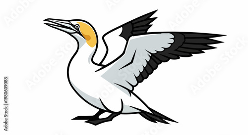 Stylized seabird with yellow head, white body, and black wingtips in flight